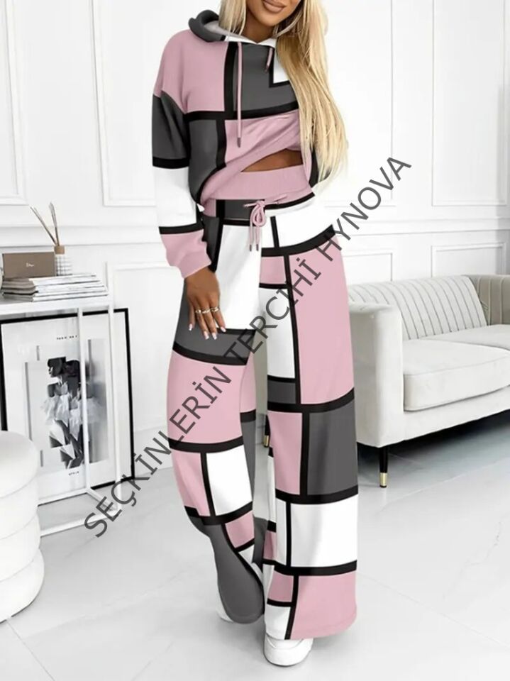 Kadın Uzun Kollu Kapşonlu Bağcıklı Desenli Iki Iplik Bluz Ve Pantolon Ikili Takım