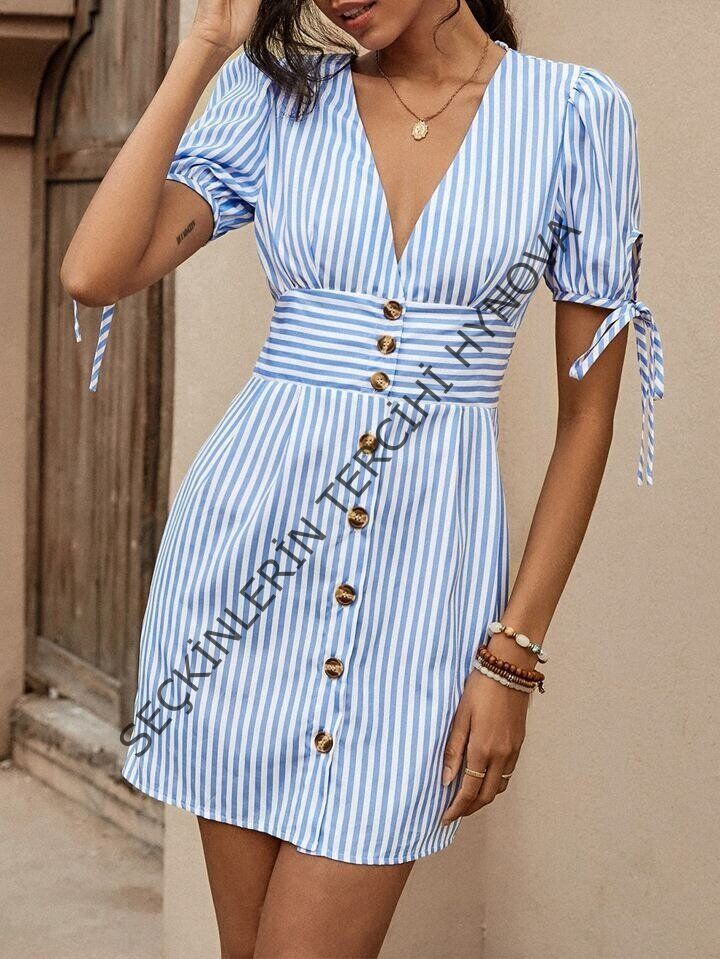 Kadın Kısa Bağcıklı Kol Kruvaze Yaka önden Düğmeli Kısa Poplin Elbise