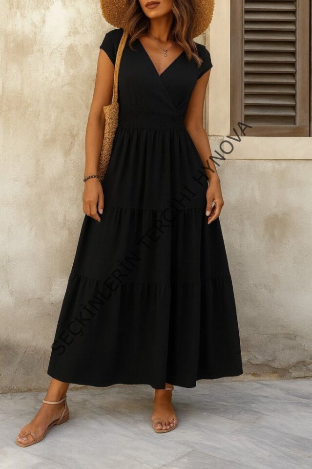 Kadın Kısa Kollu Kruvaze Yaka Beli Lastikli Süprem Maksi Boy Elbise