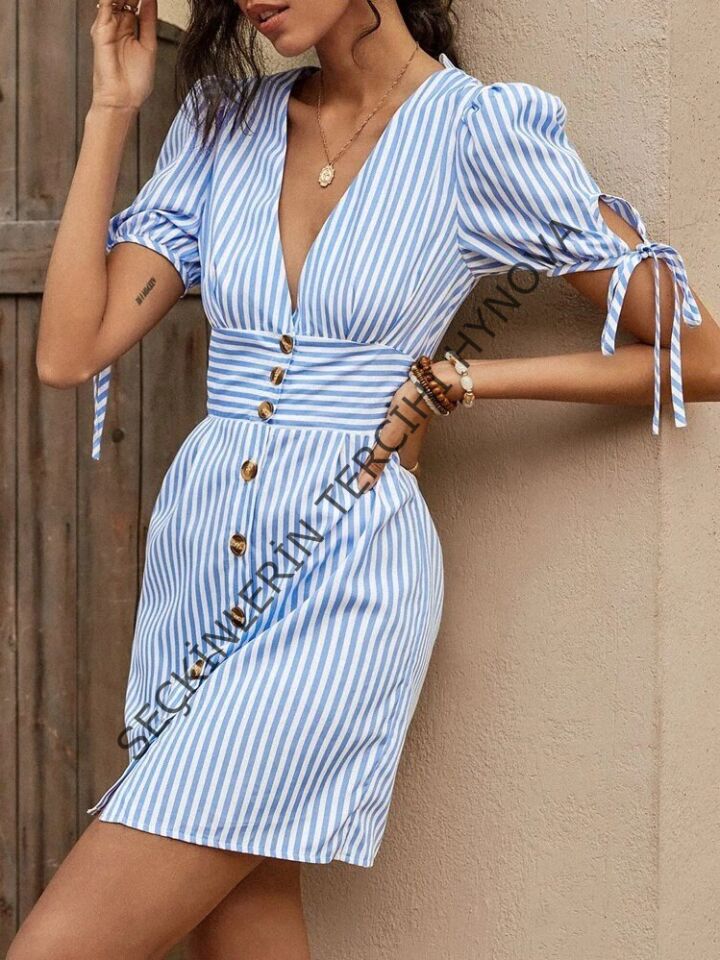 Kadın Kısa Bağcıklı Kol Kruvaze Yaka önden Düğmeli Kısa Poplin Elbise