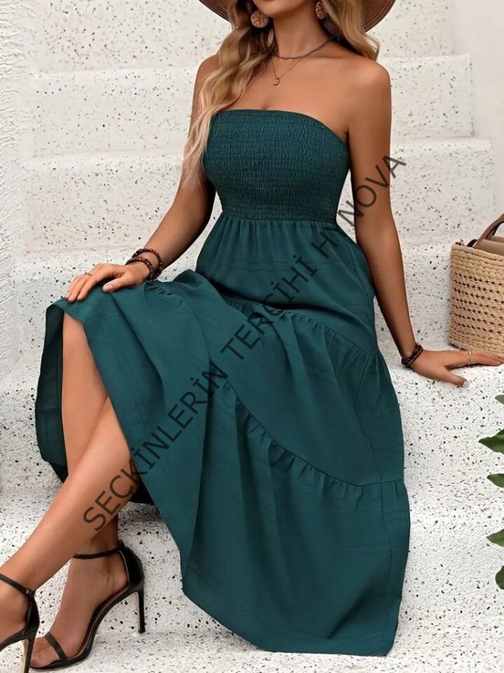 Kadın Straplez Göğüsten Lastikli Kloş Aerobin Uzun Elbise