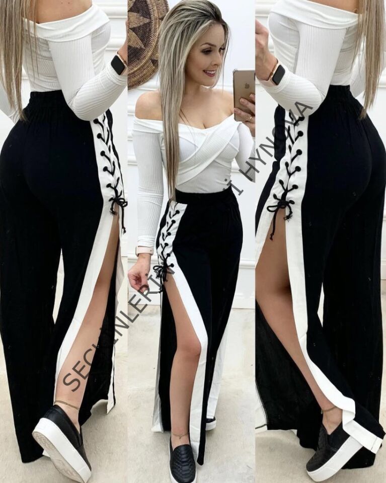 Kadın Yüksek Bel Yandan çapraz Bağcıklı Yırtmaçlı Viskon Iki Iplik Pantolon