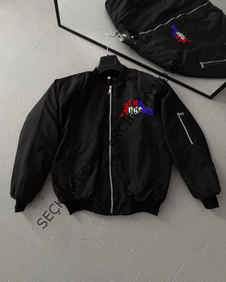 Tam Fermuarlı Uzun Kol Baskılı Bomber Ceket - Siyah