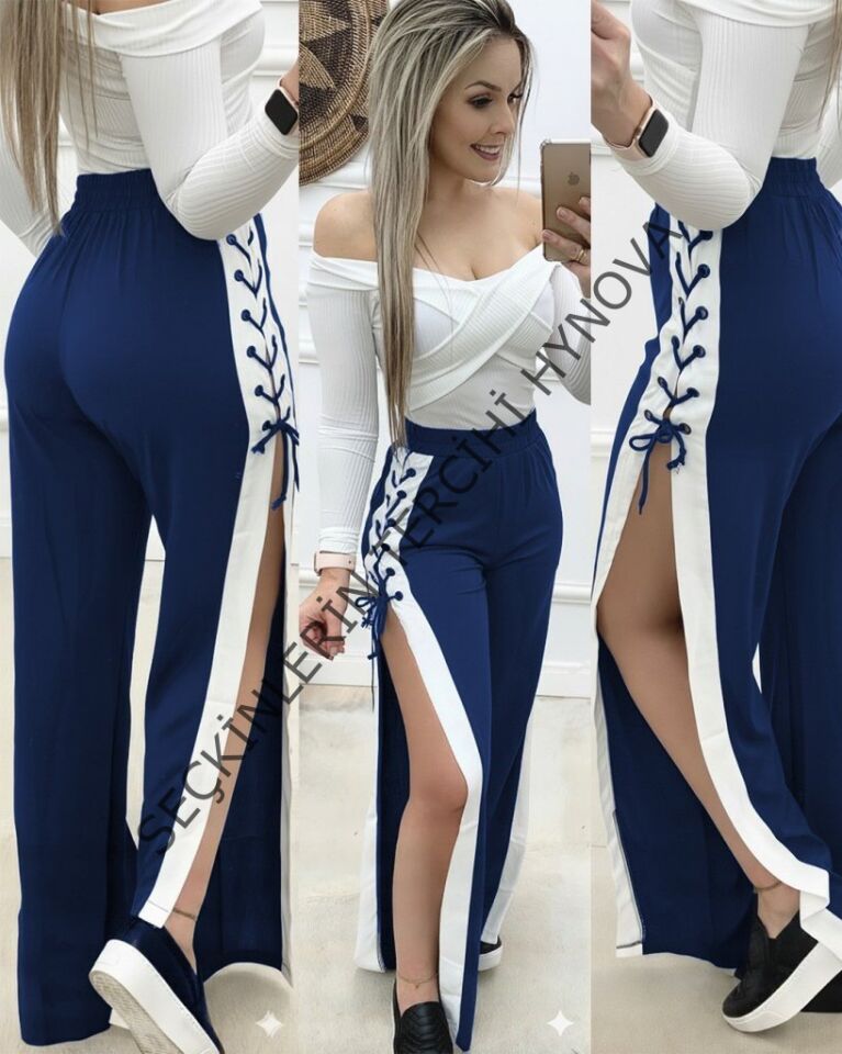 Kadın Yüksek Bel Yandan çapraz Bağcıklı Yırtmaçlı Viskon Iki Iplik Pantolon