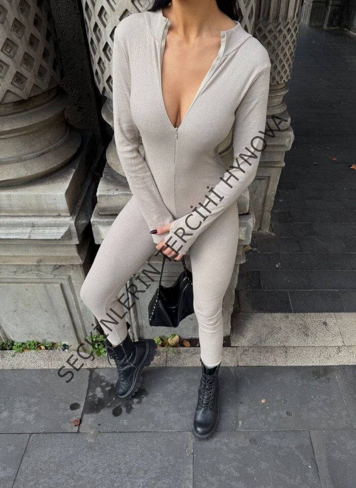 Kadın Kaşkorse Kumaş Fermuar Detaylı Tulum