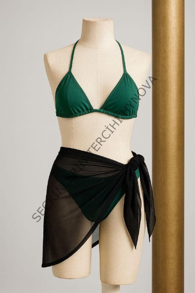 Kadın Yeşil Siyah Pareolu Yandan ve Boyundan Bağlamalı 3'lü Bikini Takımı – Modern, Konforlu ve Günlük Kombinlere Uygun