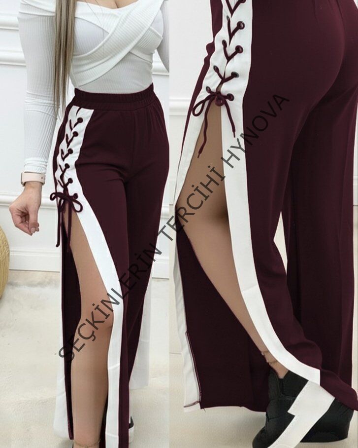 Kadın Yüksek Bel Yandan çapraz Bağcıklı Yırtmaçlı Viskon Iki Iplik Pantolon