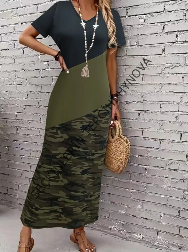 Kadın Kısa Kollu Bisiklet Yaka çok Renkli Maksi Viskon Elbise