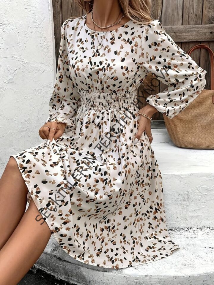 Kadın Uzun Kollu Bot Yaka Beli Lastikli Midi Süprem Elbise