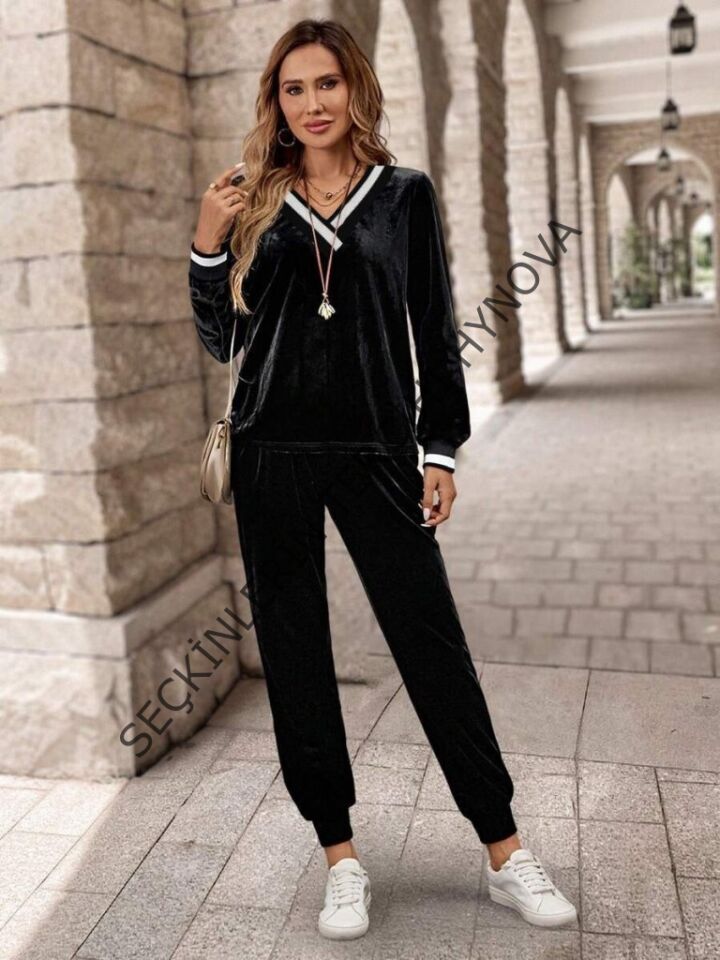 Kadın Uzun Kollu V Yaka Kadife Bluz Ve Pantolon Ikili Takım