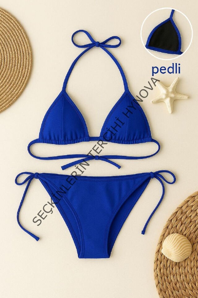 Kadın Mavi Yandan ve Boyundan Bağlamalı Bikini Mayo Takımı
