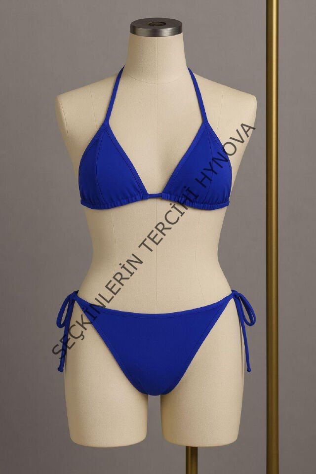 Kadın Mavi Yandan ve Boyundan Bağlamalı Bikini Mayo Takımı