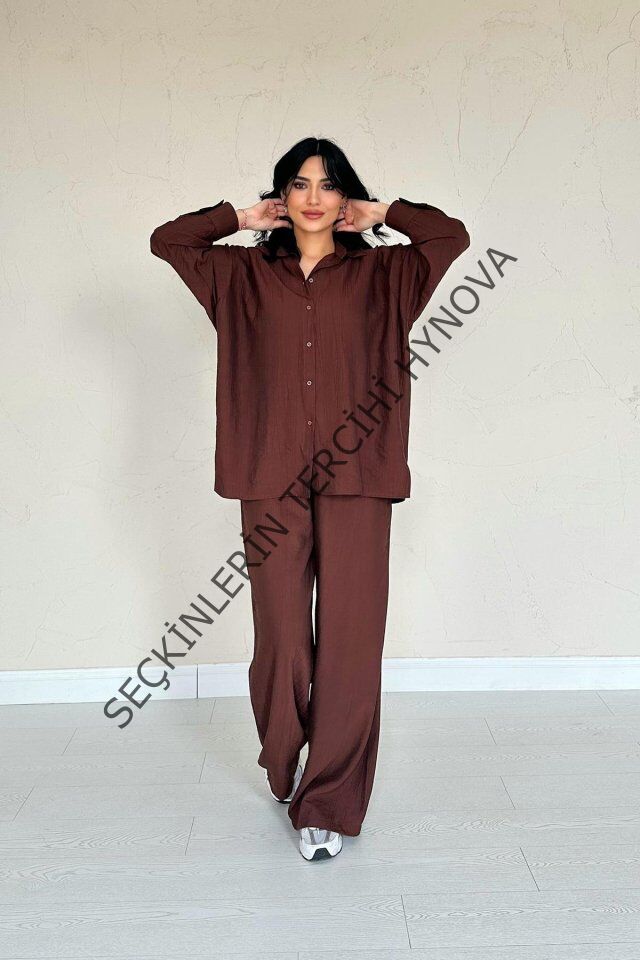 Kahverengi Alice Gömlek Ve Bol Kesim Pantolon Takım