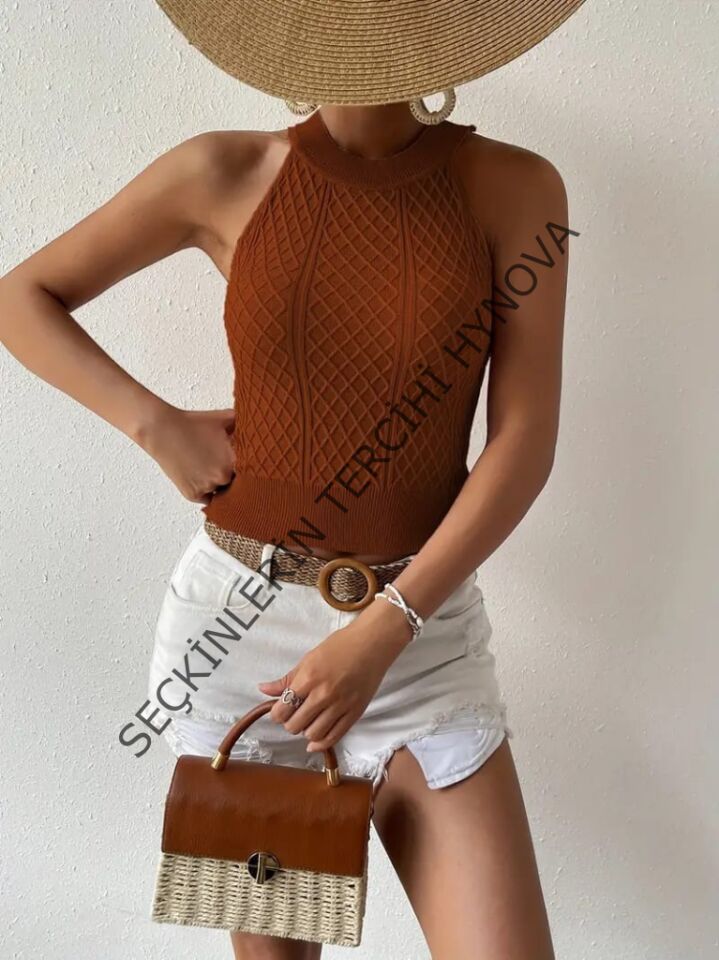 Kadın Kolsuz Halter Yaka Mini Baklava Desenli Triko Bluz