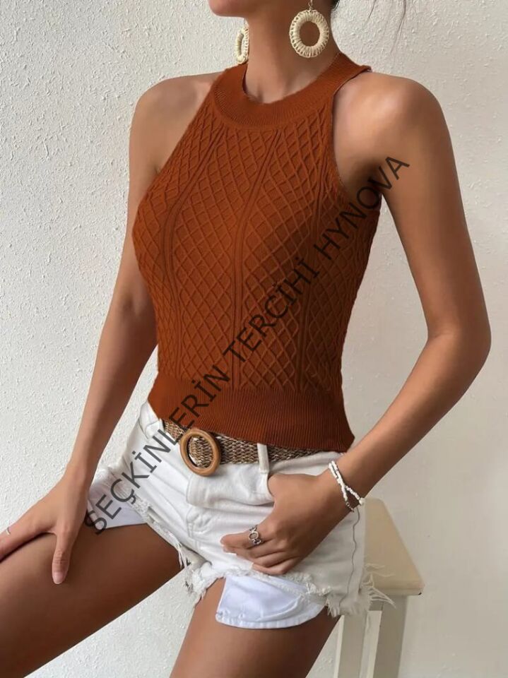 Kadın Kolsuz Halter Yaka Mini Baklava Desenli Triko Bluz