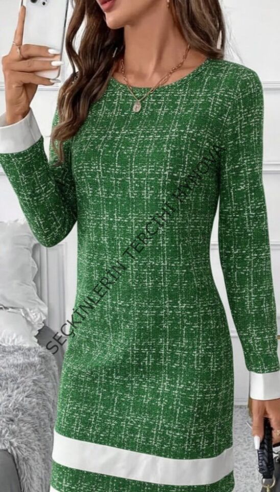 Kadın Uzun Kollu Yuvarlak Yaka Etek Ucu şerit Detaylı Mini Dokuma Elbise