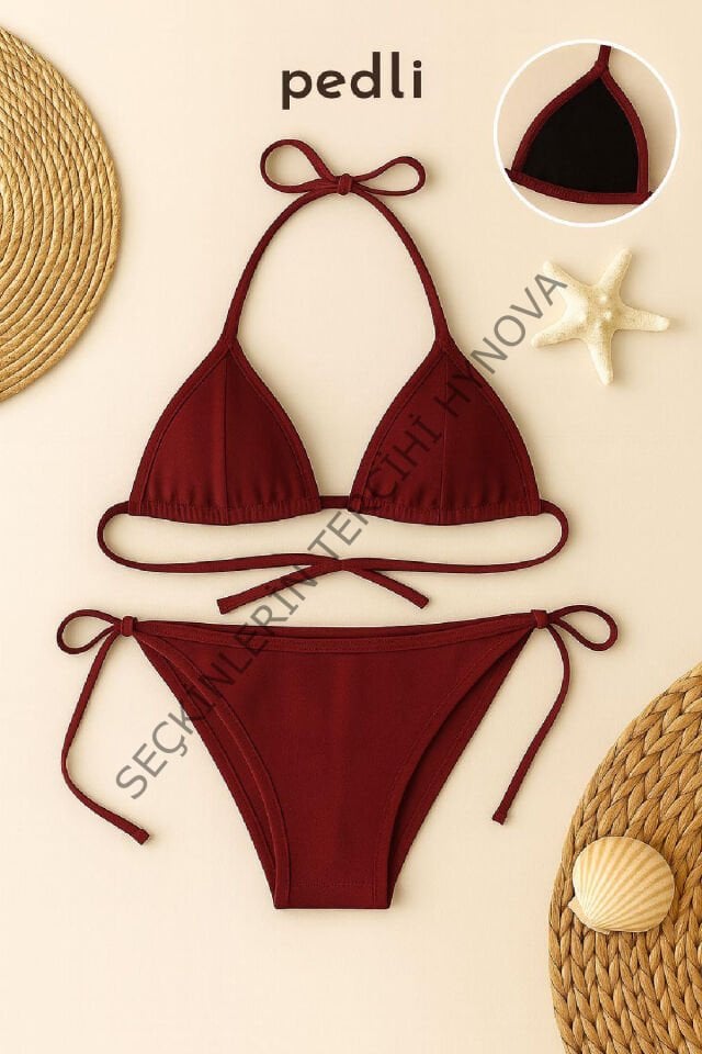 Kadın Bordo Yandan ve Boyundan Bağlamalı Bikini Mayo Takımı