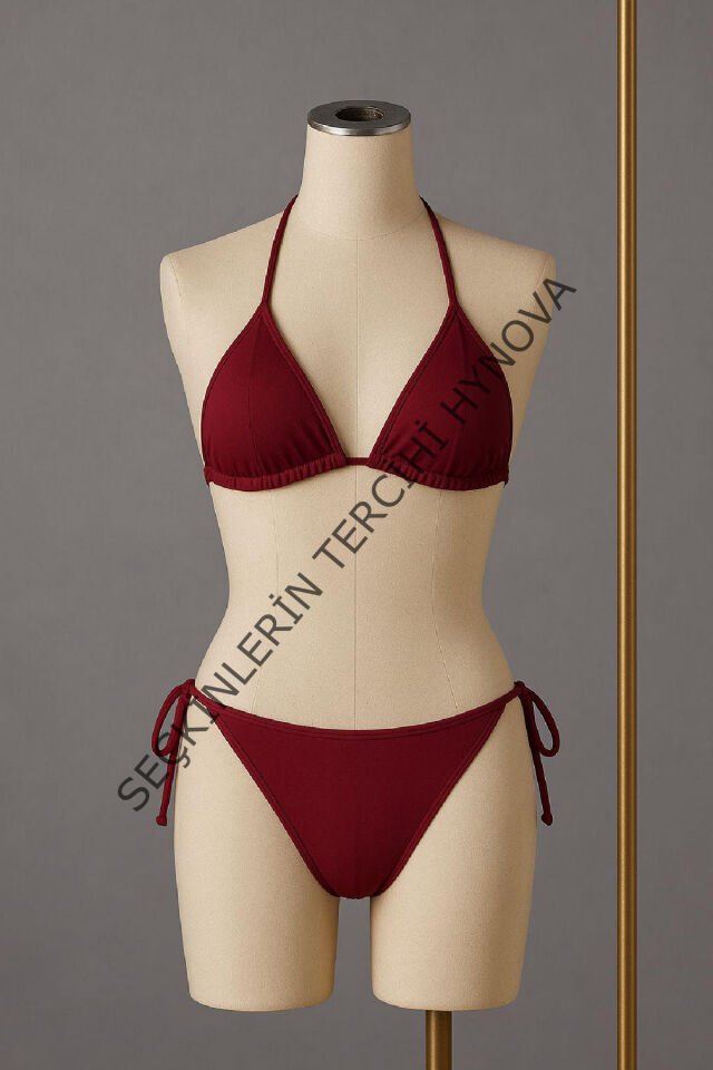 Kadın Bordo Yandan ve Boyundan Bağlamalı Bikini Mayo Takımı