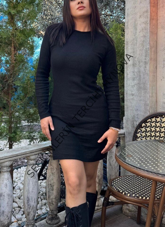 Kadın Uzun Kollu Bisiklet Yaka şardonlu Kalın Fitilli Kaşkorse Mini Boy Elbise