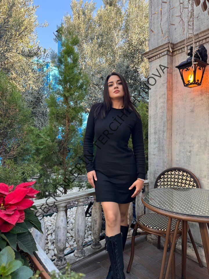 Kadın Uzun Kollu Bisiklet Yaka şardonlu Kalın Fitilli Kaşkorse Mini Boy Elbise