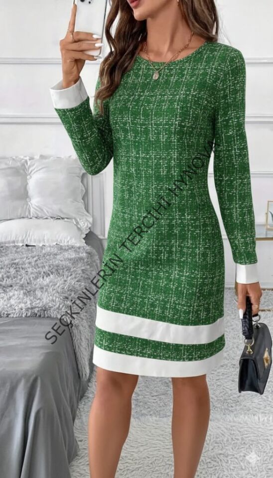Kadın Uzun Kollu Yuvarlak Yaka Etek Ucu şerit Detaylı Mini Dokuma Elbise