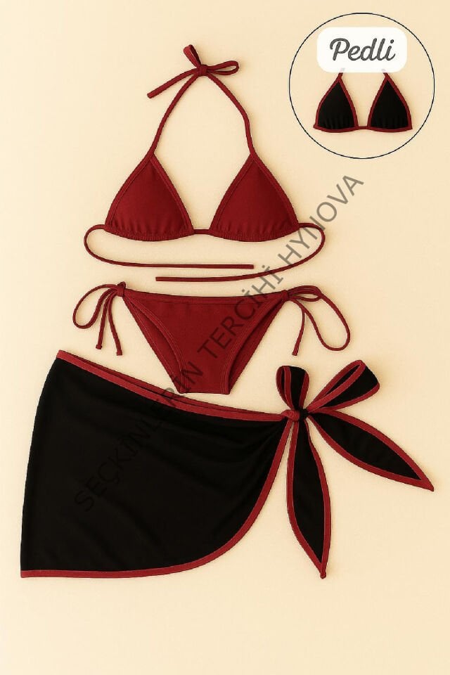 Kadın Bordo Siyah Pareolu Yandan ve Boyundan Bağlamalı 3'lü Bikini Takımı – Modern, Konforlu ve Günlük Kombinlere Uygun