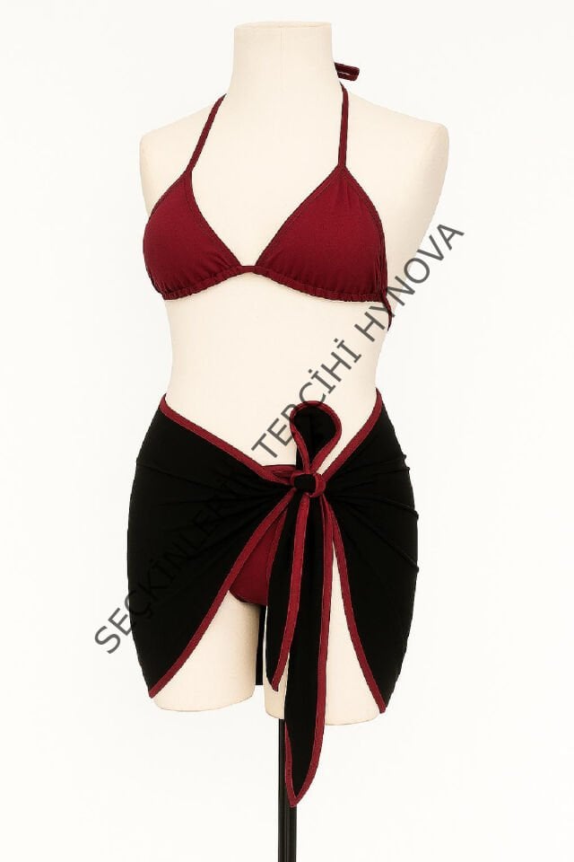 Kadın Bordo Siyah Pareolu Yandan ve Boyundan Bağlamalı 3'lü Bikini Takımı – Modern, Konforlu ve Günlük Kombinlere Uygun