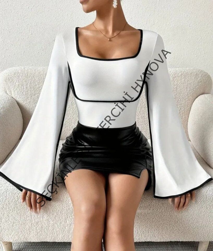 Kadın U Yaka Siyah şerit Detyalı Yarasa Kol Dalgıç Kumaş Arabiyeli Bluz