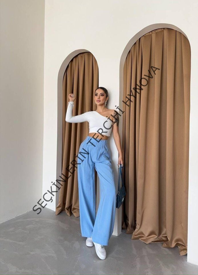 PİLE VE CEP KAPAK DEYALI SALAŞ PANTOLON - Mavi