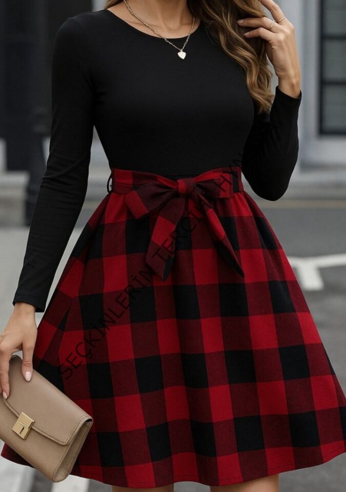 Kadın Uzun Kollu Bisiklet Yaka üst Viskon Alt Ekose Kısa Elbise