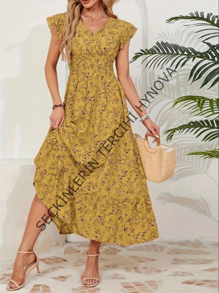 Kadın Kısa Kollu Kruvaze Yaka Beli Lastikli çiçek Desenli Elbise