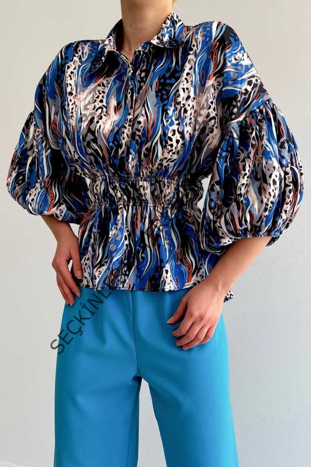 Beli Lastikli Saten Gömlek - Mavi