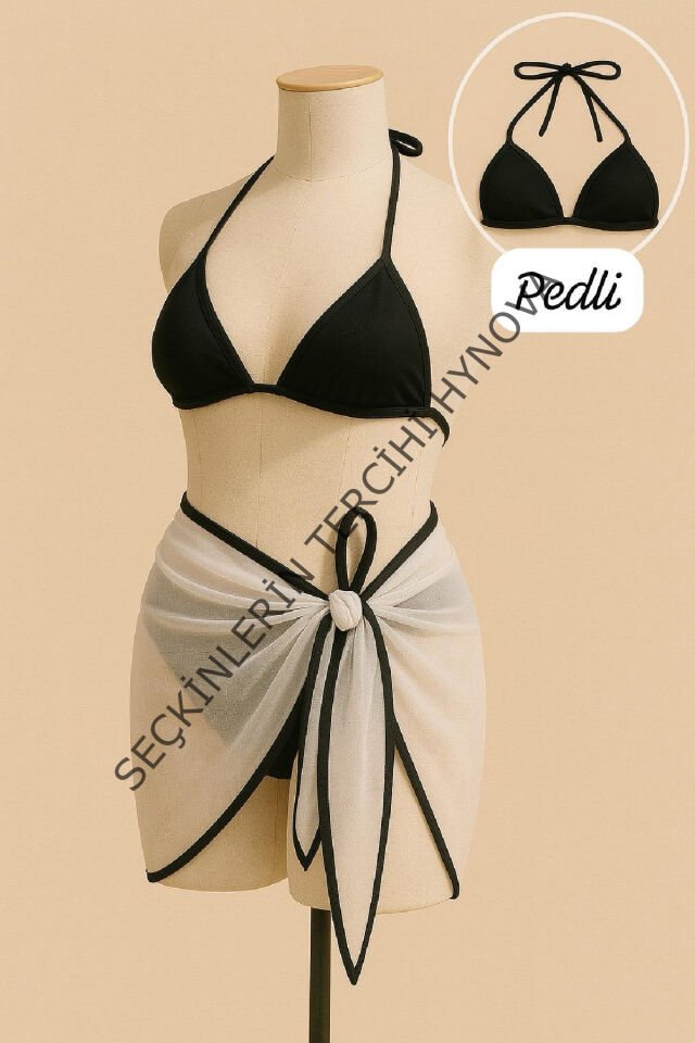 Kadın Siyah Beyaz Pareolu Yandan ve Boyundan Bağlamalı 3'lü Bikini Takımı – Modern, Konforlu ve Günlük Kombinlere Uygun