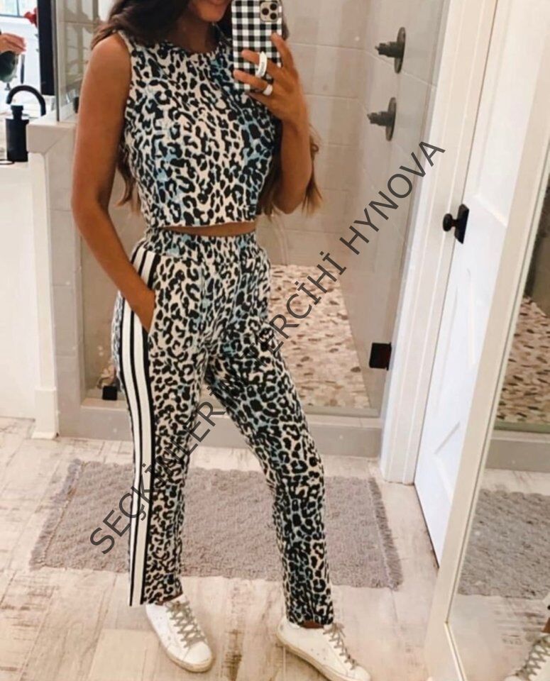 Kadın Dalgıç Kumaş Dijital Leopar Baskılı şerit Detaylı Takım