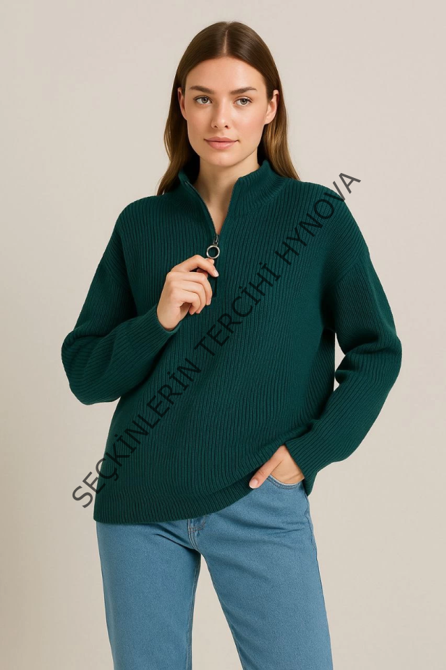 KADIN Yarım Fermuarlı Triko Kazak – Selanik Örgü, Dik Yaka, Pamuklu Dokuma, Oversize Uzun Kollu Kışlık Model - Haki