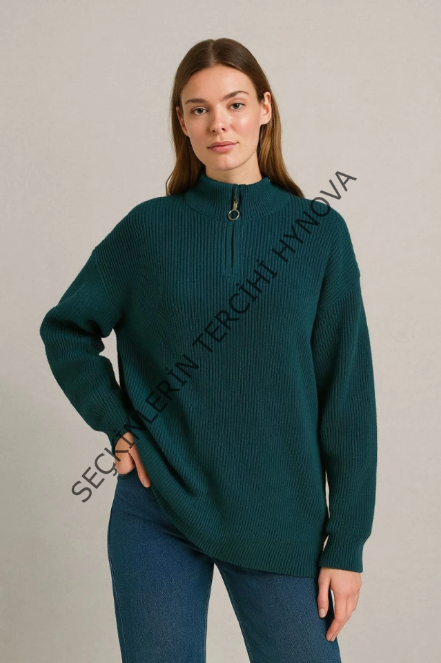 KADIN Yarım Fermuarlı Triko Kazak – Selanik Örgü, Dik Yaka, Pamuklu Dokuma, Oversize Uzun Kollu Kışlık Model - Haki