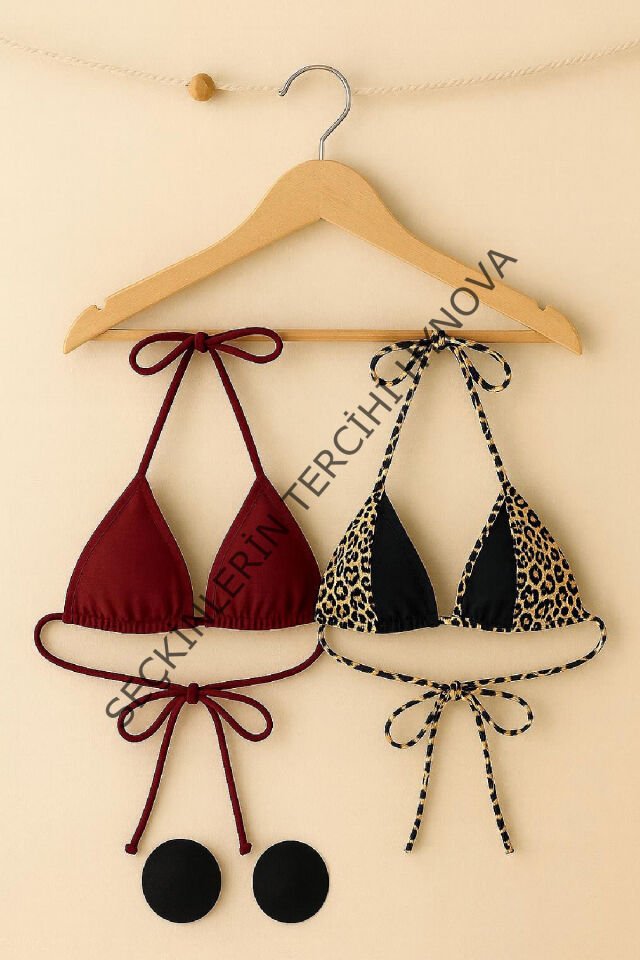 Kadın Leopar Desenli ve Bordo Minimal Kesim Üçgen Bikini Üstü – Modern ve Şık Tasarım