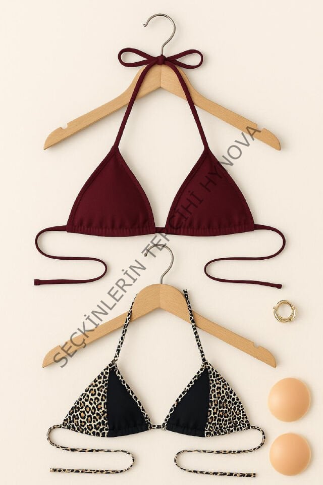 Kadın Leopar Desenli ve Bordo Minimal Kesim Üçgen Bikini Üstü – Modern ve Şık Tasarım