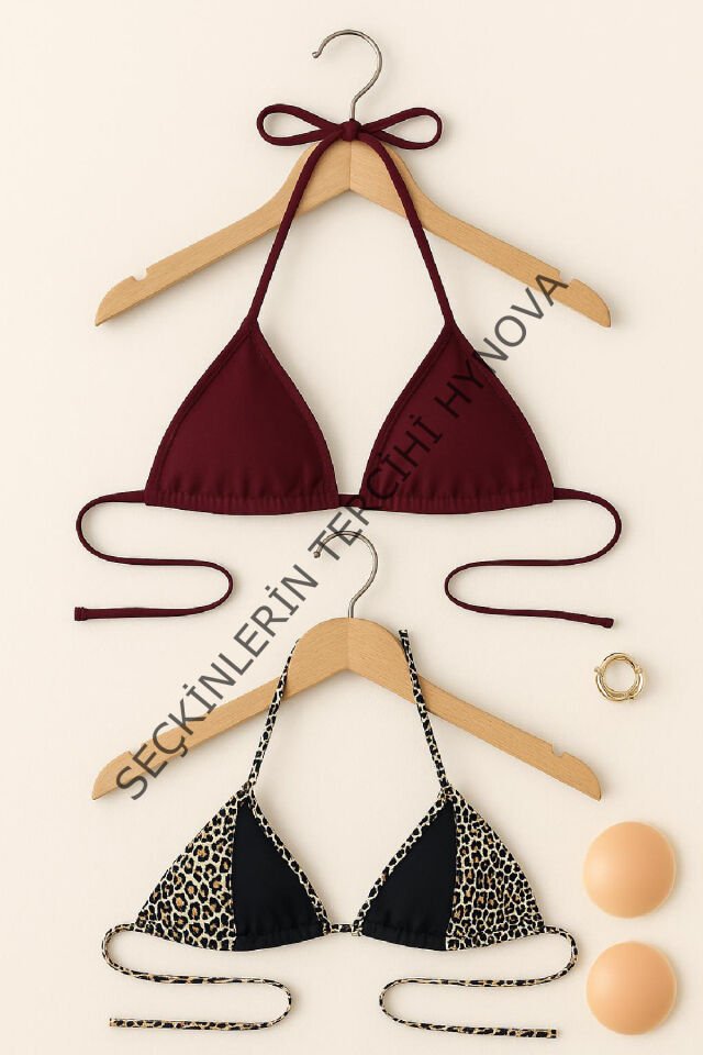 Kadın Leopar Desenli ve Bordo Minimal Kesim Üçgen Bikini Üstü – Modern ve Şık Tasarım