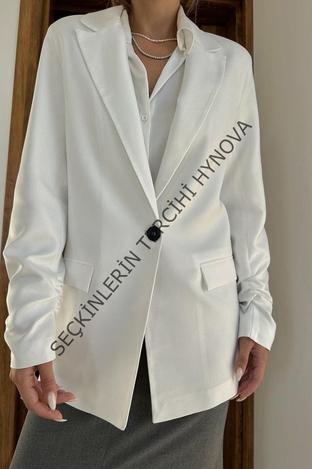 Ekru Kol Ucu Büzgülü Atlas Ceket