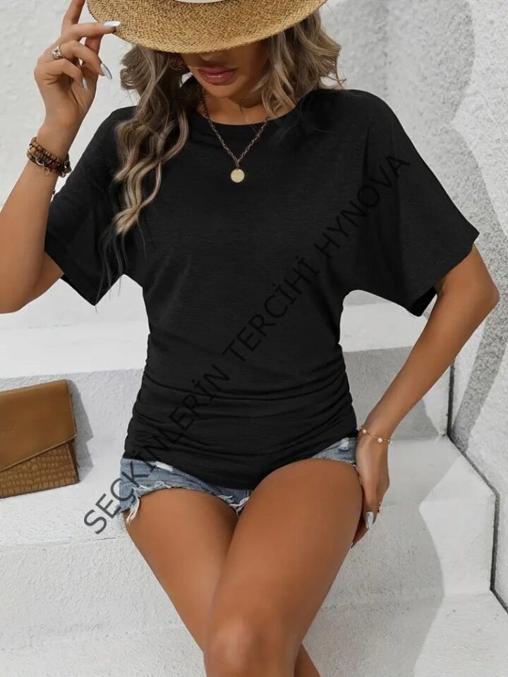 Kadın Kısa Kollu Bisiklet Yaka Yanları Büzgü Detay Yarasa Kol Viskon Bluz