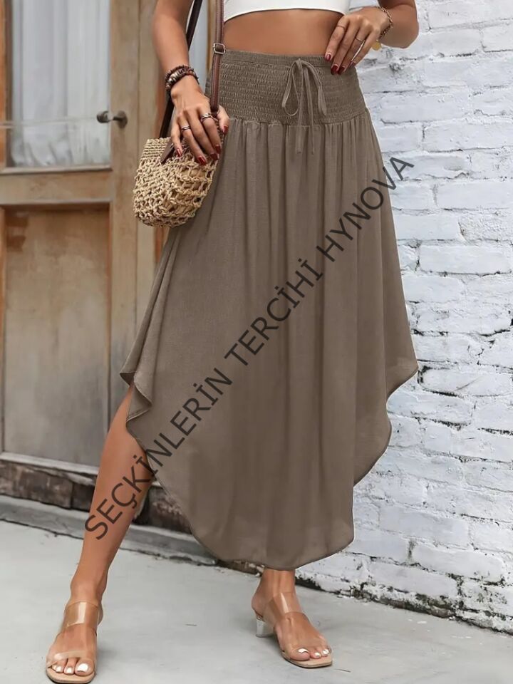 Kadın Yüksek Bel Belden Bağlamalı Asimetrik Kesim Detaylı Sandy Etek