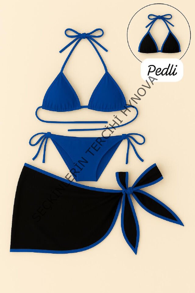 Kadın Mavi Pareolu Yandan ve Boyundan Bağlamalı 3'lü Bikini Takımı – Modern, Konforlu ve Günlük Kombinlere Uygun