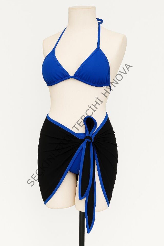 Kadın Mavi Pareolu Yandan ve Boyundan Bağlamalı 3'lü Bikini Takımı – Modern, Konforlu ve Günlük Kombinlere Uygun