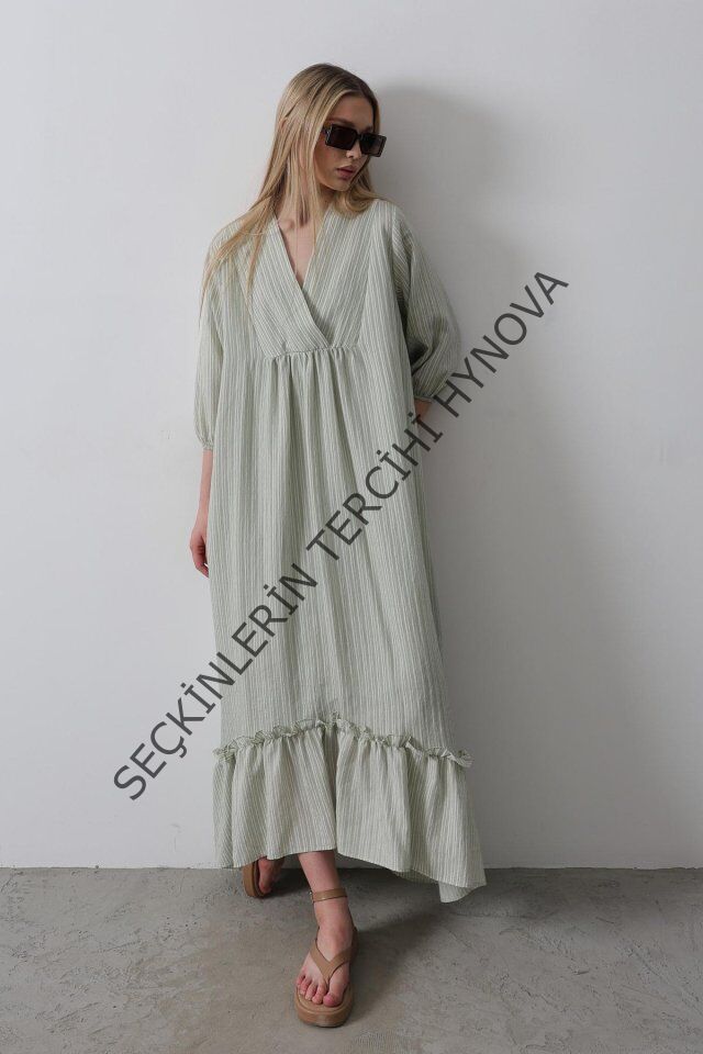 Çizgili Oversize V Yaka Elbise - Haki