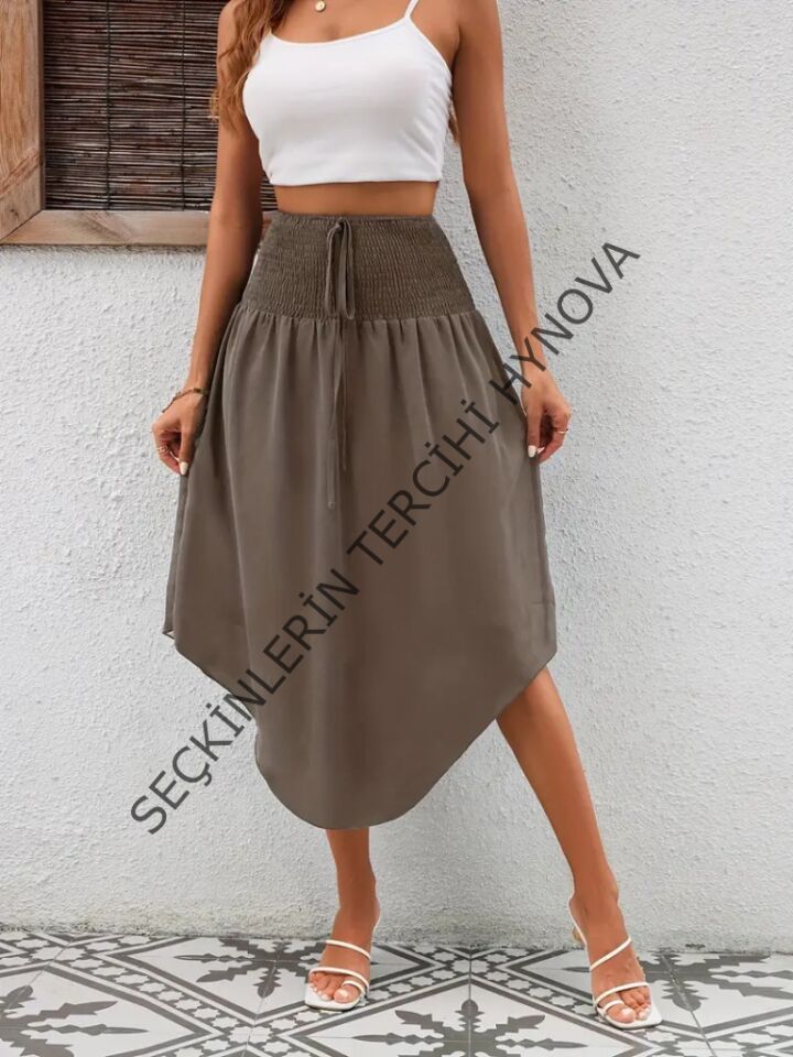 Kadın Yüksek Bel Belden Bağlamalı Asimetrik Kesim Detaylı Sandy Etek