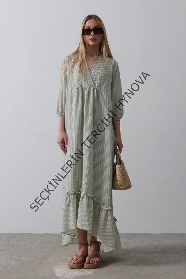 Çizgili Oversize V Yaka Elbise - Haki