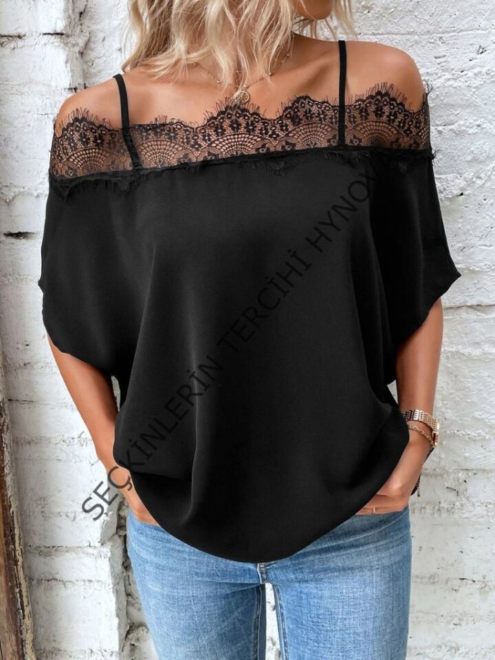 Kadın Askılı Dantel Janjan Krep Bluz