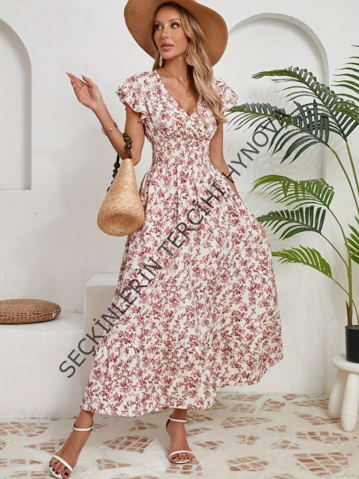 Kadın Kısa Kollu Kruvaze Yaka Beli Lastikli çiçek Desenli Elbise