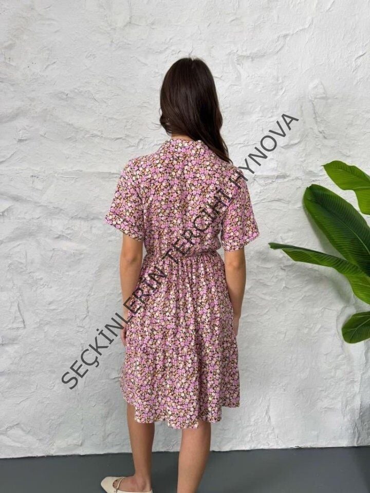 Baskılı Keten Elbise - Lila